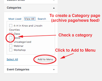 screenshot of how to create a category page in a menu