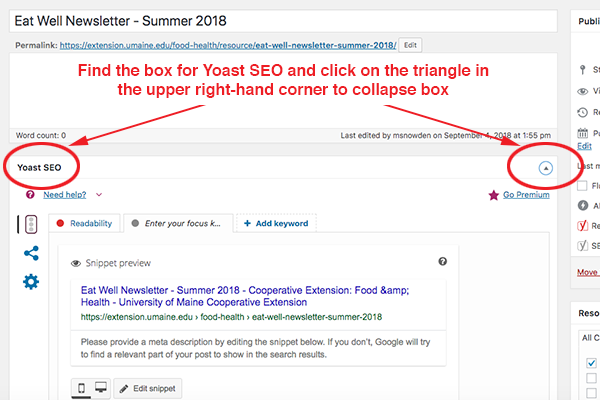 screenshot with directions to collapse yoast seo box