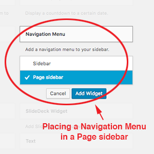screenshot of how to place a navigation menu in a page sidebar