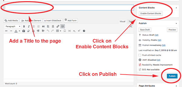 screenshot of setting up a new page for content blocks