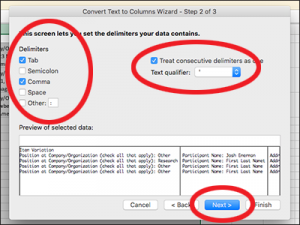 screenshot of text to columns wizard step 1 of 3