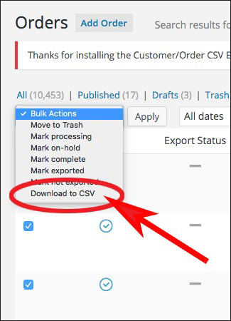 screenshot of selecting download to CSV under bulk actions
