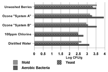 Figure 2: This graph shows the populations of specific microbes on blueberries that were either left unwashed or were washed for two minutes with Ozone "System A," Ozone "System B," 100 parts per million chlorine, or distilled water. All figures listed here are microbe populations approximated from reading the graph, represented in units of Log CFU/g. On the unwashed blueberries, mold was at 3.6, yeast was at 3.3, and aerobic bacteria was at 3.55. On blueberries washed with Ozone "System A," mold was at 3.2, yeast was at 3.25, and aerobic bacteria was at 3.9. On blueberries washed with Ozone "System B," mold was at 2.9, yeast was at 3.1, and aerobic bacteria was at 3.6. On blueberries washed with 100 parts per million chlorine, mold was at 2.45, yeast was at 2.5, and aerobic bacteria was at 2.75. On blueberries washed with distilled water, mold was at 2.65, yeast was at 2.5, and aerobic bacteria was at 3.15.