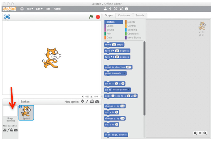 Scratch window showing Stage where you define a background