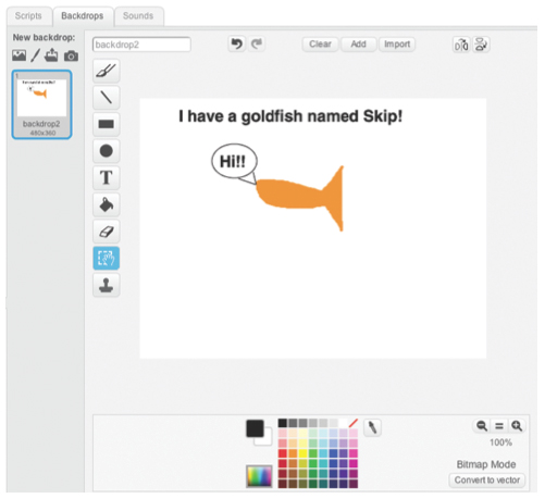 Illustration of "I have a goldfish named Skip" in Scratch