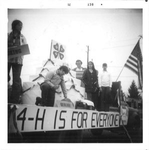 Browns Grove 4-H Club’s float in Drums, PA’s 1971 National 4-H Week parade; banner on the float reads: 4-H is for everyone.
