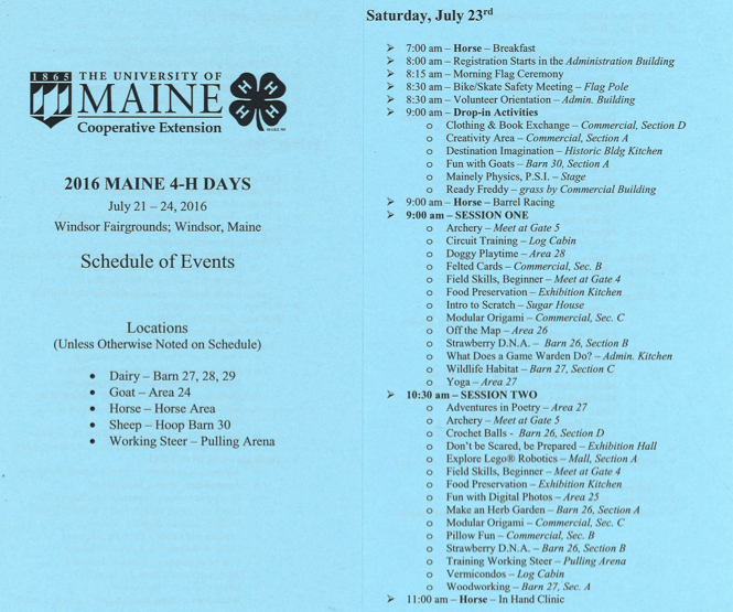 2016 Maine 4-H Days schedule