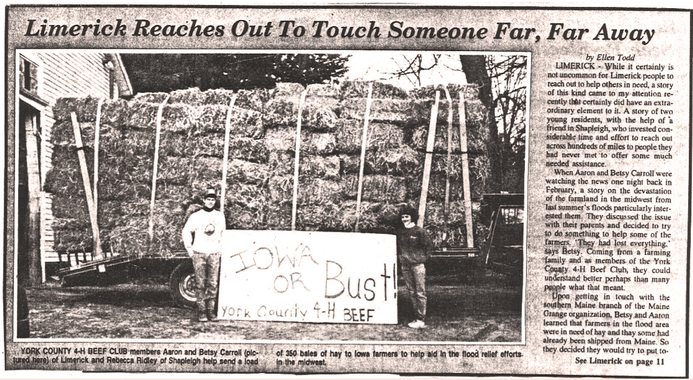 Photo from The Sanford News showing bales of hay loaded on a truck headed for Iowa.