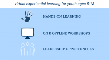 4-H Summer Learning Series Graphic - virtual experiential learning for youth ages 5-18; hands-on learning, on and offline workshop; leadership opportunities, make new friends