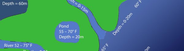 Map for Activity 2 of Sustainable Fishing 4-H STEM Toolkit which shows for August-October temperature and depths for various bodies of water. From left to right: Pond #1, 50-70℉, Depth = 60m; River, 52-75℉, Depth = 0-15m; River #2, 52-75℉, Depth = 0-15m; Pond #2, 55-70℉, Depth = 20m; Lake, 40-70℉, Depth = 150m; Ocean various depths and temperatures – 55, 60 and 70℉; and 0-20m, 100m and 200m. Key for image, ℉ = degrees fahrenheit and m = meters