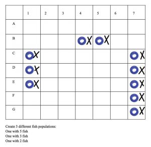 coordinate grid card with 3 different sets of beads in a row or column indicating locations and hand drawn "x" next to each bead on the grid
