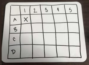 hand drawn grid with numbers 1-5 in top row of squares and letters A-D down the left hand side column