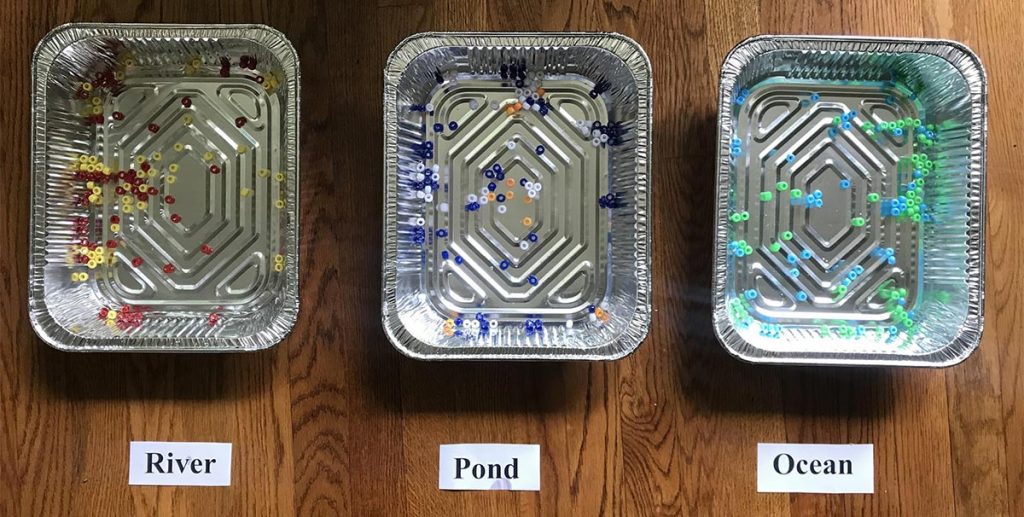 three aluminum trays with different color beads representing river, pond and ocean