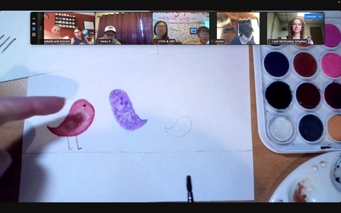 Screenshot of Zoom Watercolor painting workshop - artist has painted two birds, and other participants look on from their screens.