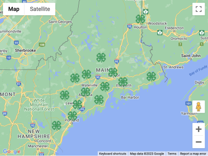a screenshot of a Google Map which displays 4-H by county across the state of Maine