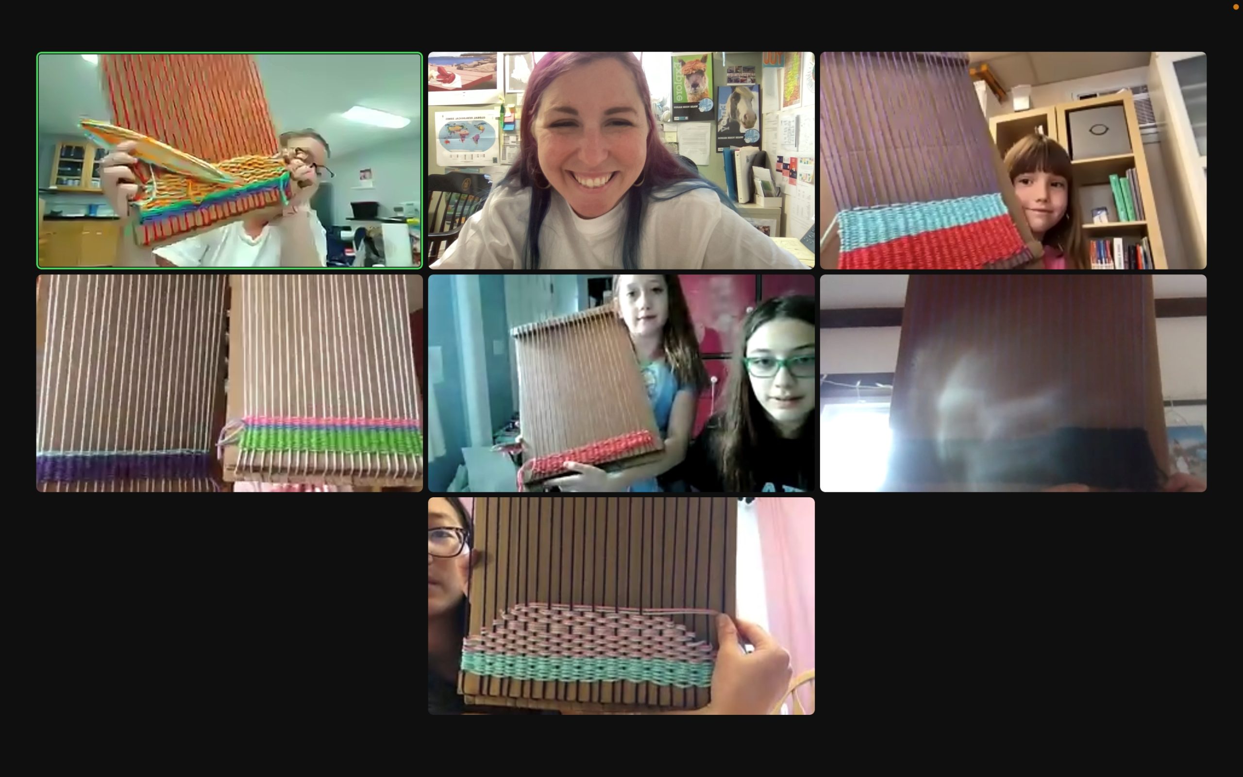 4-H Youth and adults on zoom show off their weaving projects.