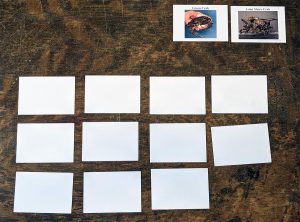 several aquatic species cards, blank, in a grid face down and a couple of invasive crab cards are set to the side for the time being