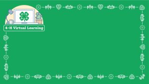 4-H Virtual Learning Zoom Background with a border of white line art icons of helping hands, gears, plants, hearts on solid 4-H green background