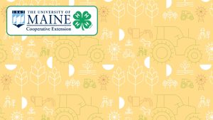 UMaine Extension and 4-H Combined Logo Zoom Background featuring "Grow" icons of tractors, plants, garden, windmill, horses, farmers