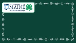 UMaine Extension and 4-H Combined Logo Zoom Background with a border of icons of helping hands, gears, plants, hearts on solid background