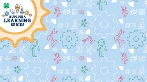 4-H Summer Learning Series Zoom Background featuring "Make/STEAM" icons of astronauts, robotics, art palette, gears, math symbols, microscopes