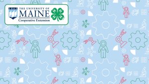 UMaine Extension and 4-H Combined Logo Zoom Background featuring "Make/STEAM" icons of astronauts, robotics, art palette, gears, math symbols, microscopes
