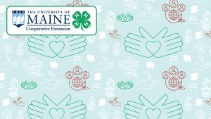 UMaine Extension and 4-H Combined Logo Zoom Background featuring "Serve" icons of helping hands, public speaking, community, diversity, inclusion and leaves