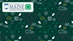 UMaine Extension and 4-H Combined Logo Zoom Background featuring "Thrive" icons of bicycles, apples, aquaculture, sneakers, leaves and skateboards representing youth thriving in the summer and its activities