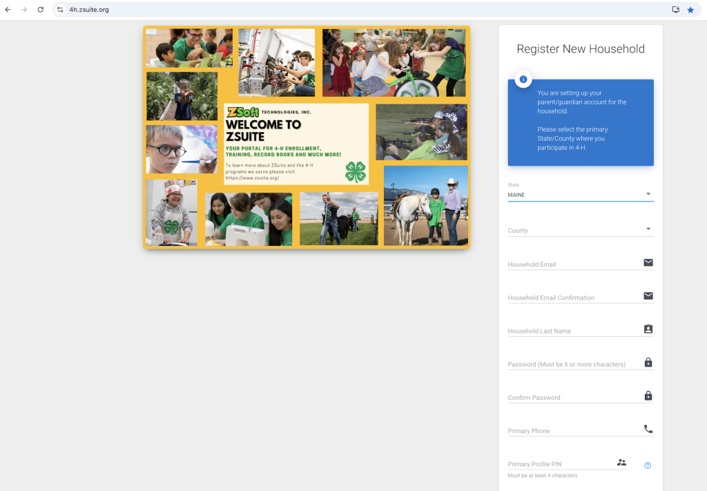 Screen capture of 4-H Volunteer Application, Register new household, top of page