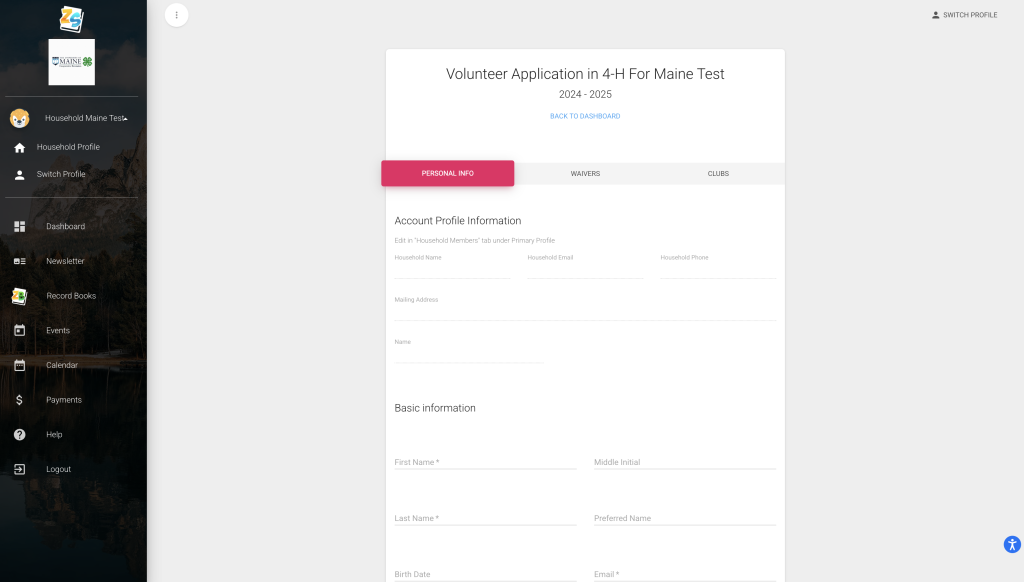 Screen Capture of 4-H Volunteer Application, Personal Info