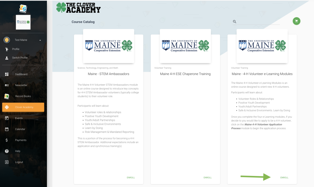 Screen capture of Enroll in Maine - 4-H Volunteer e-Learning Modules