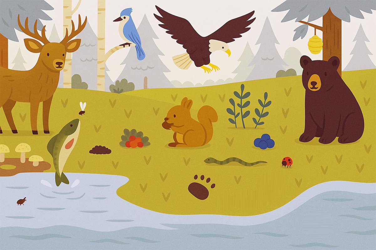 A vibrant river ecosystem with a deer, blue jay, eagle, bear, and squirrel. Nearby are a snake, berries, tracks, mushrooms, insects, and a leaping fish.