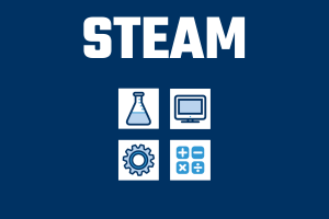 Rectangle with the word "STEAM" in it, and a icons of a beaker, a computer monitor, a gear, and mathematical symbols