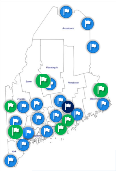 map of the state of maine with three different colors of location indicators in various colors
