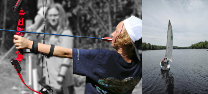 two photos in one layout - one of teenagers doing archery, the other of sailboats on a lake
