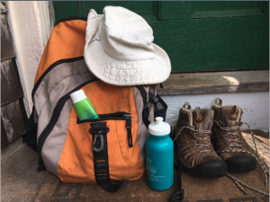 backpack, hat,waterbottle and boots