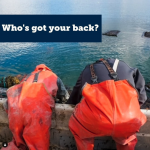 text"who's got your back?" with two people hunched over the side of a boat