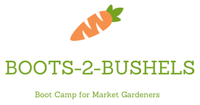 artwork for the Boots-2-Bushels boot camp, includes a graphic image of a carrot and the words, 'Boots-2-Bushels, Boot Camp for Market Gardeners'