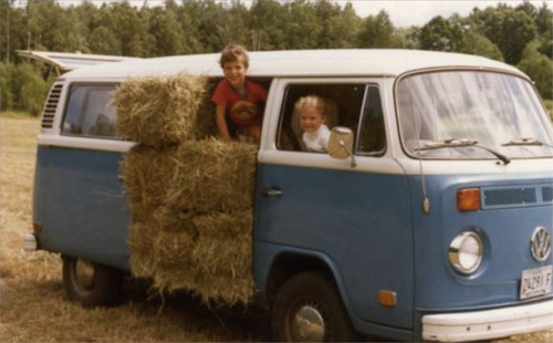 Kids and hay bales in VW Bus