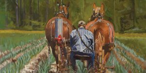 a painting of a man sitting on a plow behind two horses pulling the plow