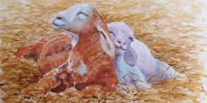 a painting of two lambs resting in hay