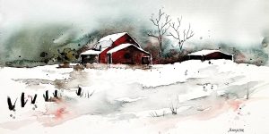 a watercolor painting of a red barn in a snowy field