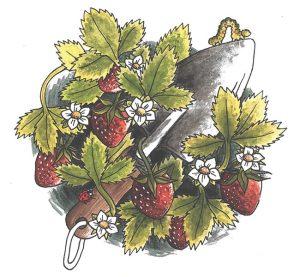 a painting of a strawberry bush with a trowel and caterpillar intermingled