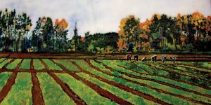 a painting of farm workers in a field