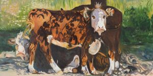a painting of two cows in the shade of trees