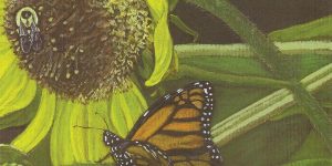 a painting of a butterfly and bee on a sunflower