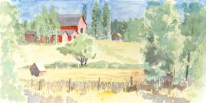 a watercolor painting of a red barn in a field