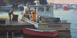 a painting of a woman standing on a lobster boat at dock