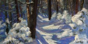 A painting of snow in the woods.