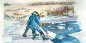 Painting of two people harvesting ice from water.